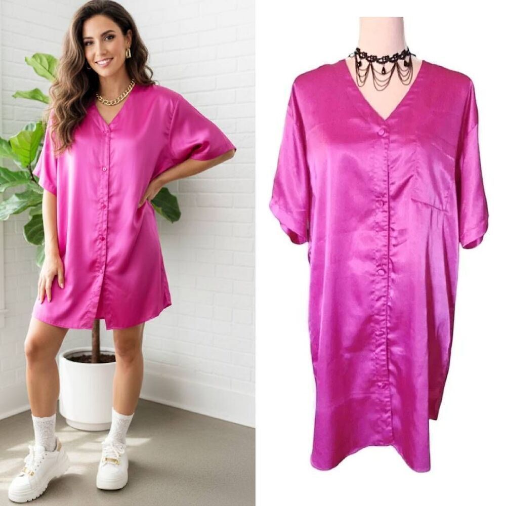 VTG 80s Vanity Fair Hot Pink Satin Button Up Oversized Night Shirt XL RARE